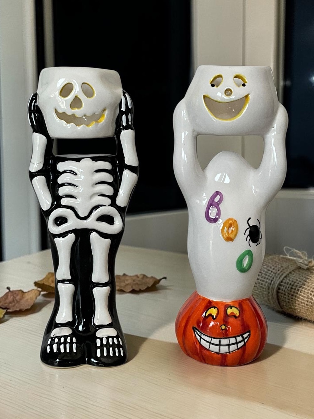 Ceramic Halloween Tea Light Holders Set of 2 Ghost and Skeleton 8”